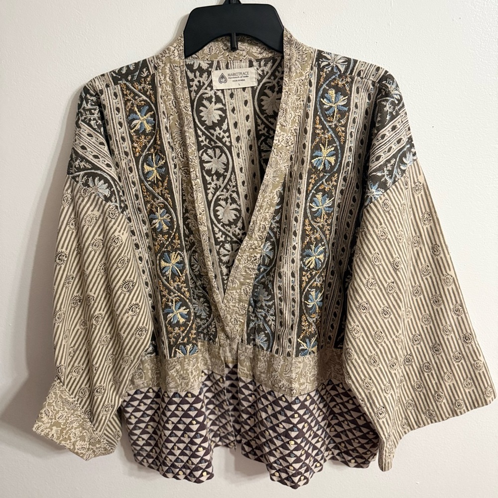 Marketplace Handwork of India 100% Cotton Bohemian Patterned Kimono Jacket Sz L